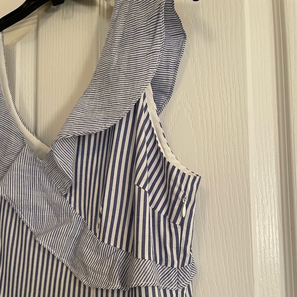 COLLECTIVE CONCEPTS Sleeveless Blue and White Striped Dress with Ruffles - Picture 7 of 15